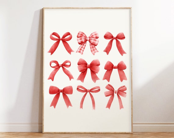 Coquette Room Decor Trendy Red Bows Prints Watercolor Bow Print Soft Girl Aesthetic Art Girly Wall Art Preppy Apartment Decor