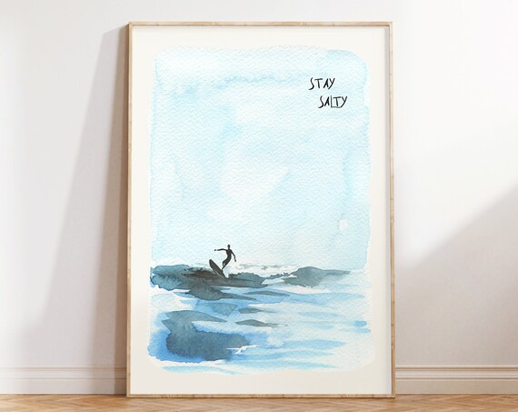 Stay Salty Surfer Silhouette Riding Ocean Wave Watercolor Poster