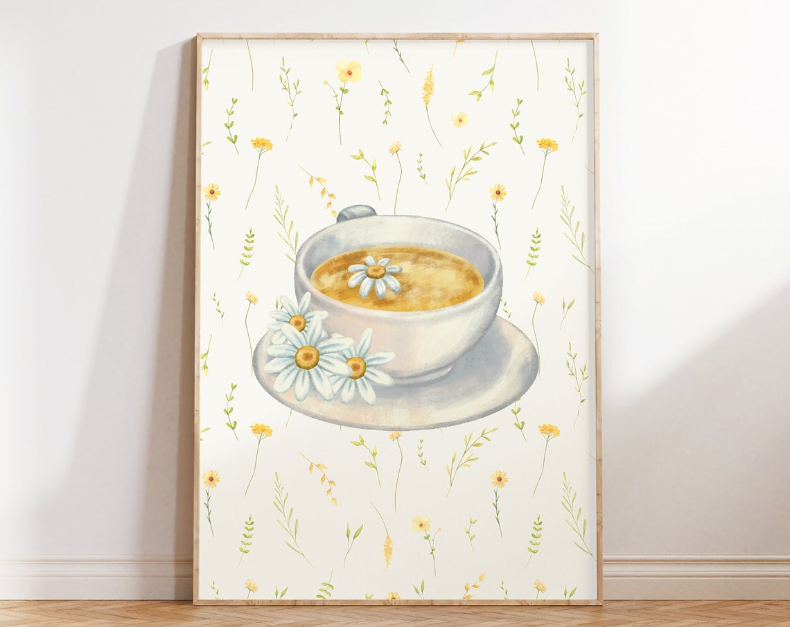 Daisy Topped Tea Cup on Wildflower Pattern Watercolor Floral Poster - Image 5