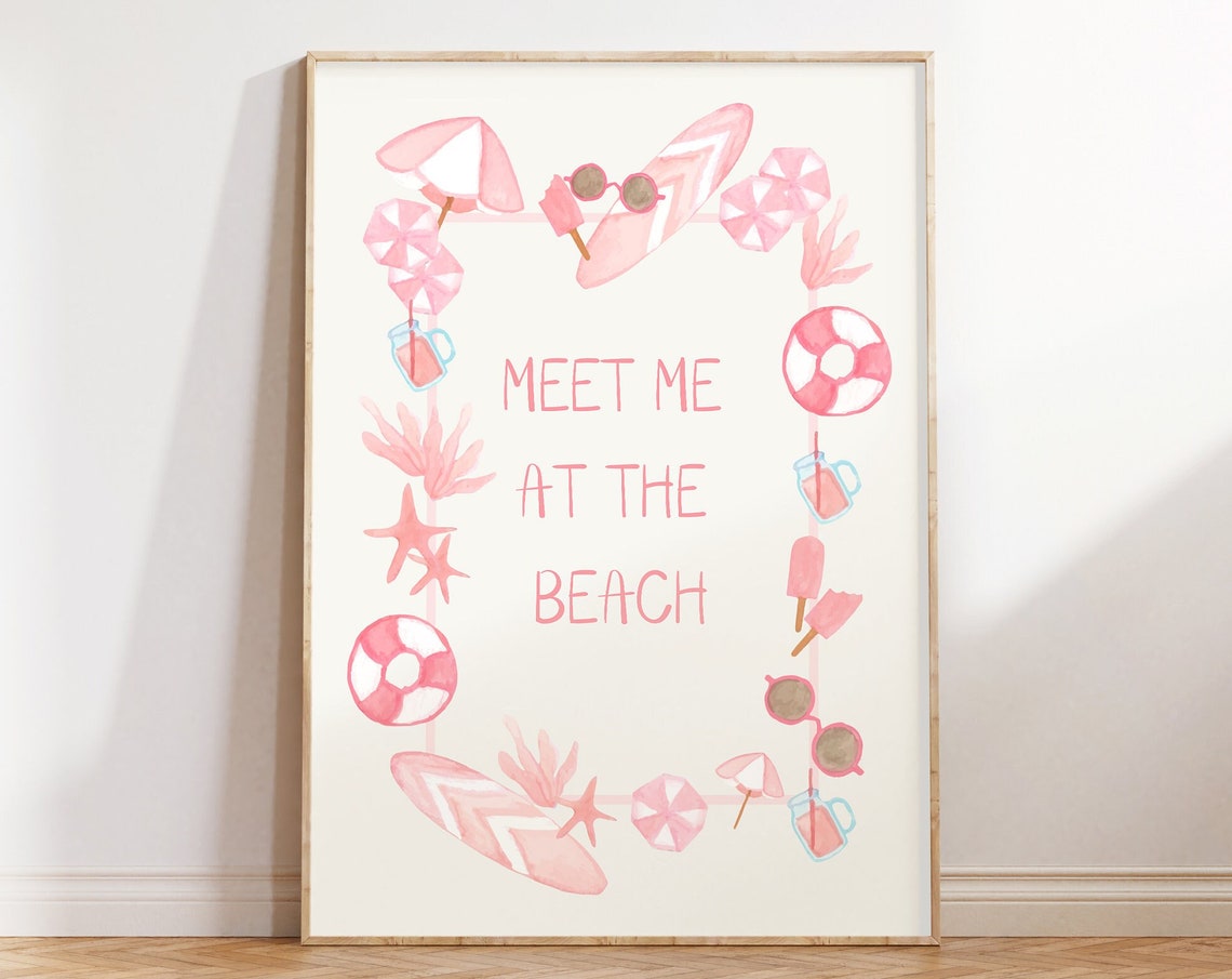 Meet Me At The Beach Pink Watercolor Beach Icon Collage Poster