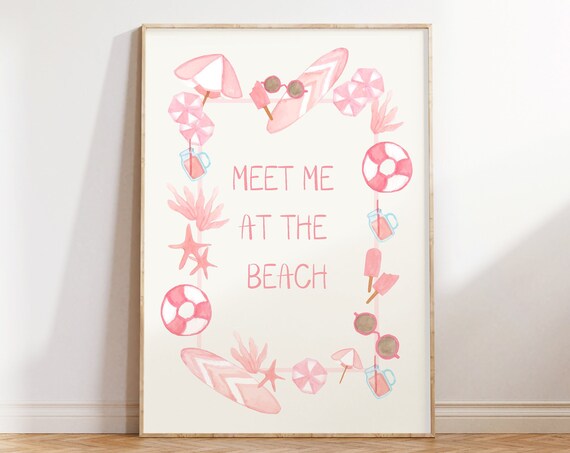Meet Me At The Beach Pink Watercolor Beach Icon Collage Poster