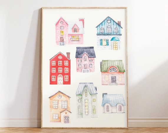 Poppy Village Illustration Print, Vintage Cottagecore Decor