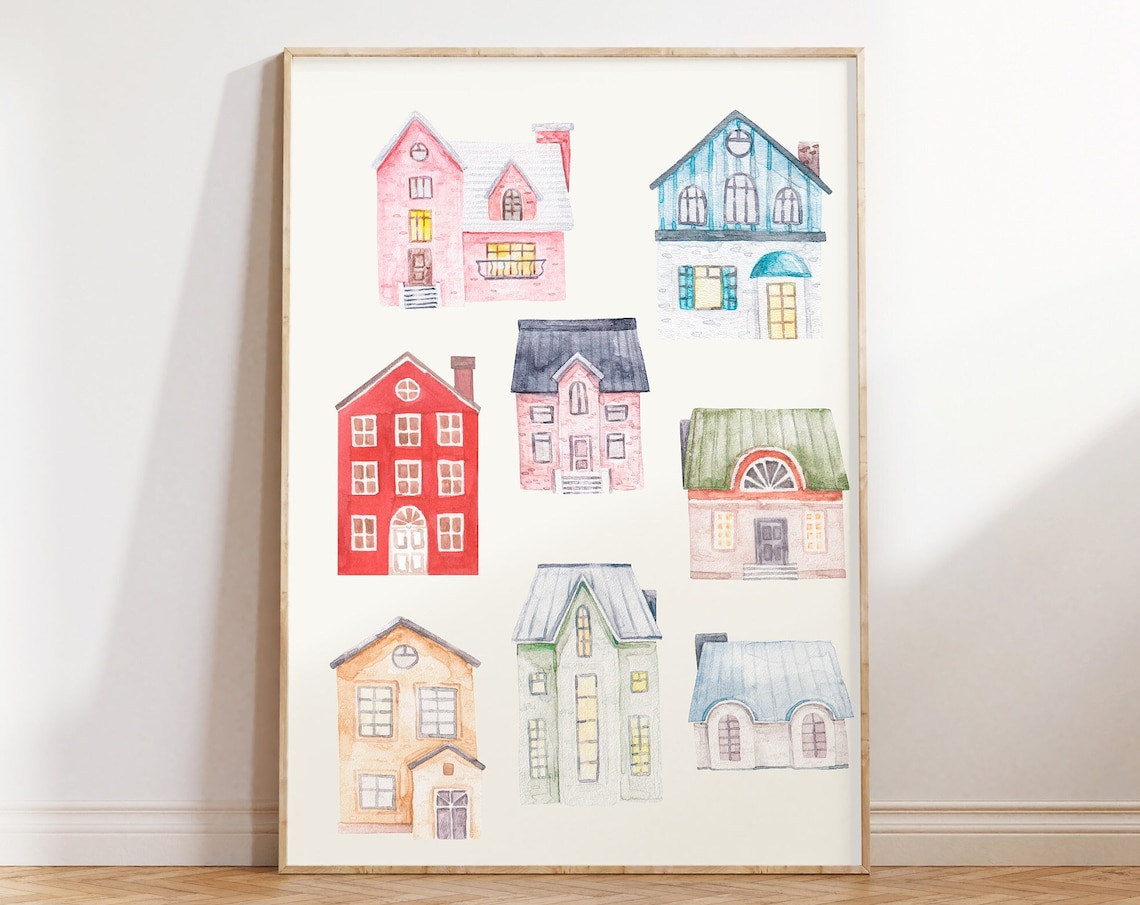Poppy Village Illustration Print, Vintage Cottagecore Decor