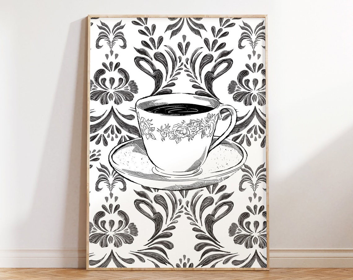 Black and White Vintage Floral Teacup Classic Ink Drawing Poster - Image 5