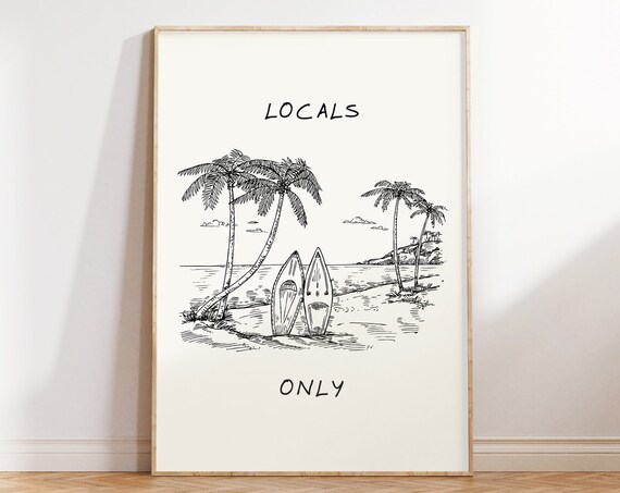 Locals Only Surf Beach Palm Trees Minimal Line Drawing Surf Poster