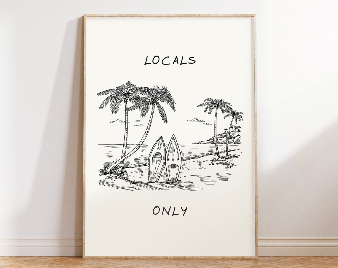 Locals Only Surf Beach Palm Trees Minimal Line Drawing Surf Poster