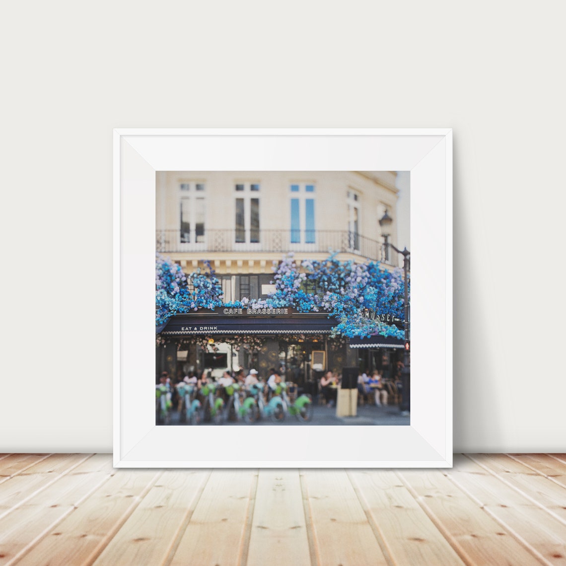Paris Cafe Brasserie with Blue Flowers Dreamy Tilt Shift Photo Poster