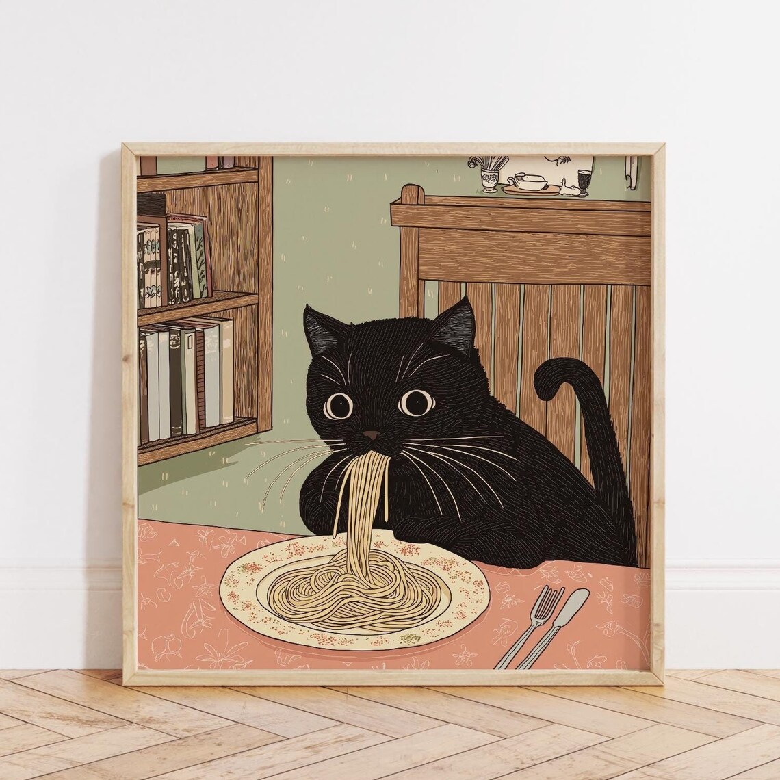 Cute Cat Eating Pasta, Kitchen Wall Art Poster