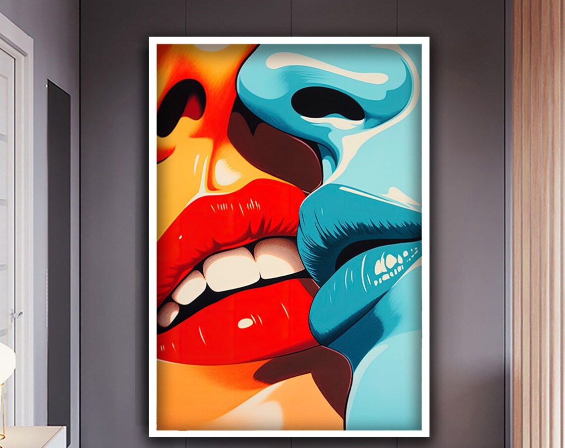 Retro Pop Art Kissing Couple Red Lips Bold Comic Style Wall Poster