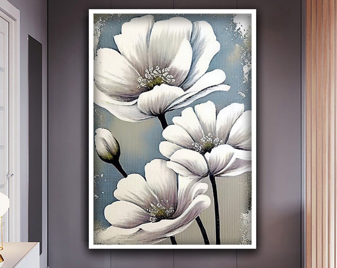 Elegant White Blooming Flowers on Soft Blue Grey Neutral Art Poster