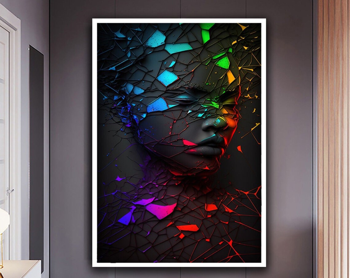 Colorful African Woman Face Shattered Stained Glass Neon Art Poster