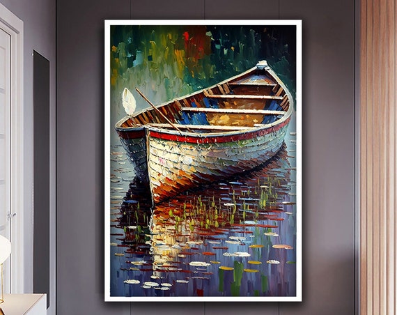 Sandal Painting Colorful Sandal Print Rowboat On The Lake Wall Art Lake Landscape Art Modern Home Decor