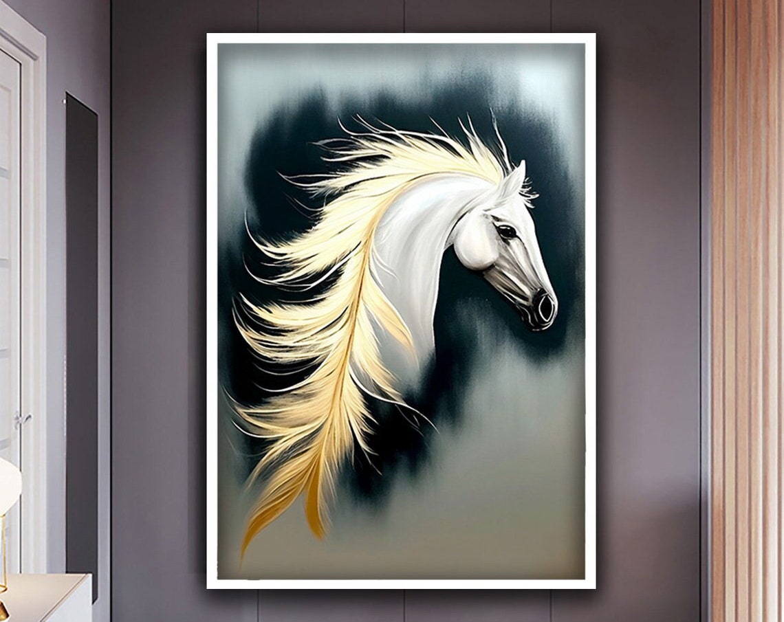 Majestic White Horse with Flowing Golden Mane on Dark Smoke Poster