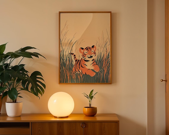 Cute Tiger Cub Playing in Tall Grass Jungle Kids Room Art Poster
