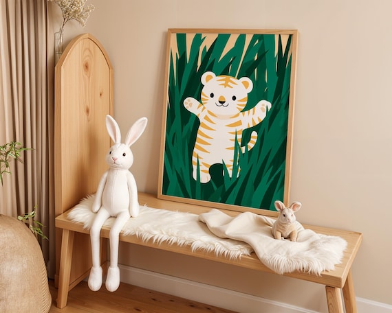 Playful White Tiger Cub Cartoon Green Jungle Kids Room Art Poster