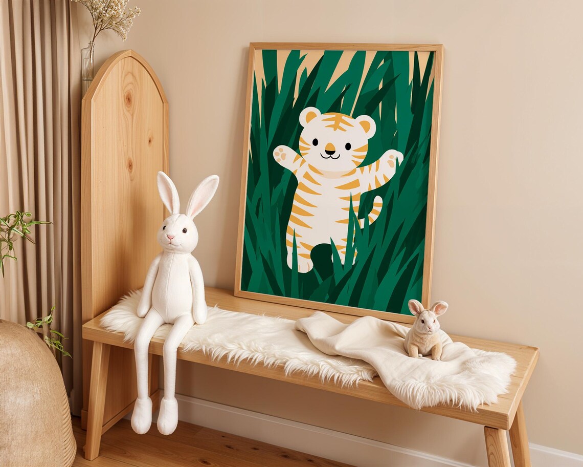 Playful White Tiger Cub Cartoon Green Jungle Kids Room Art Poster