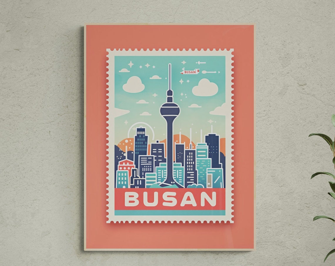 Busan South Korea Tower Skyline Retro Stamp Travel Art Poster