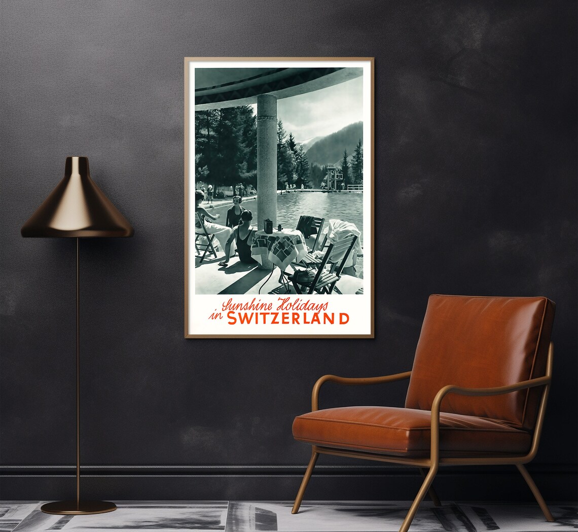 Sunshine Holidays Switzerland Vintage Alpine Pool Holiday Poster Print - Image 2