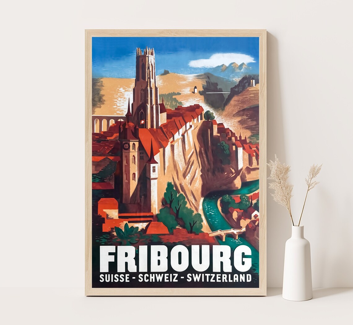 Fribourg Switzerland Vintage Swiss Travel Poster