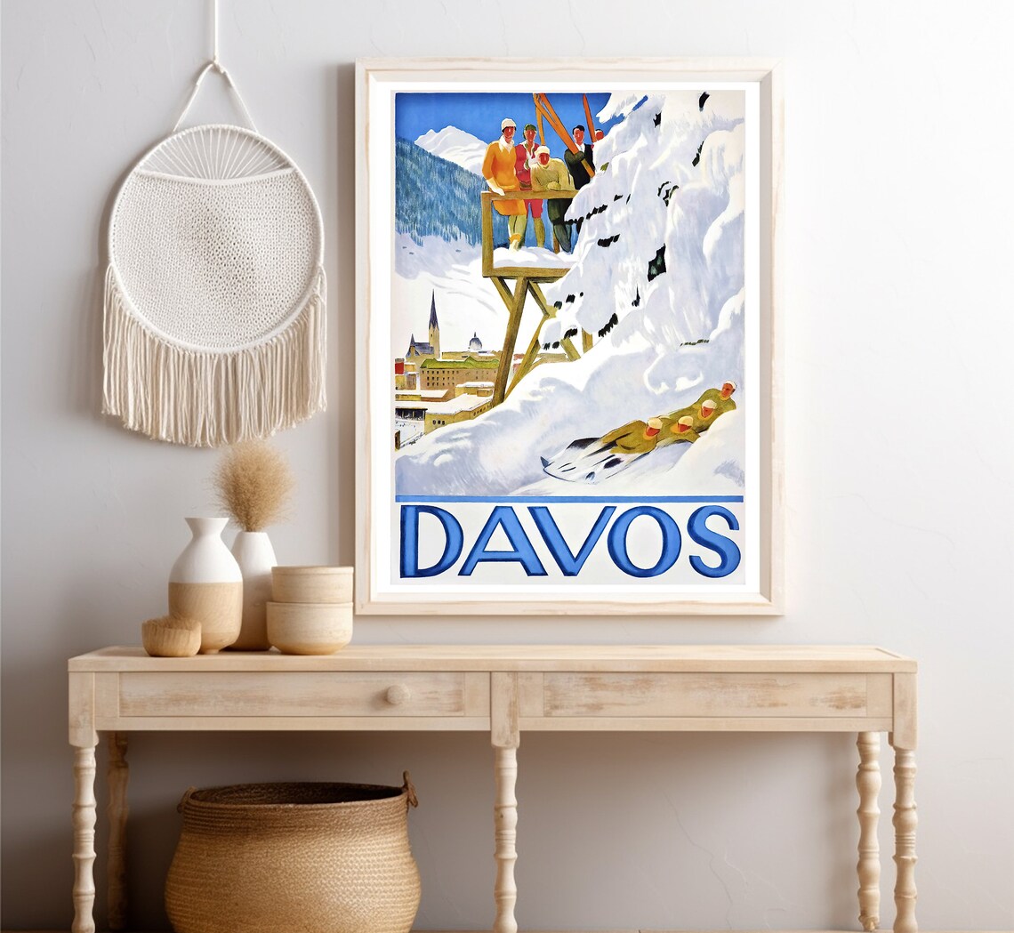 Davos Switzerland Vintage Skiing Skiers Sledders Snowy Resort Poster - Image 4