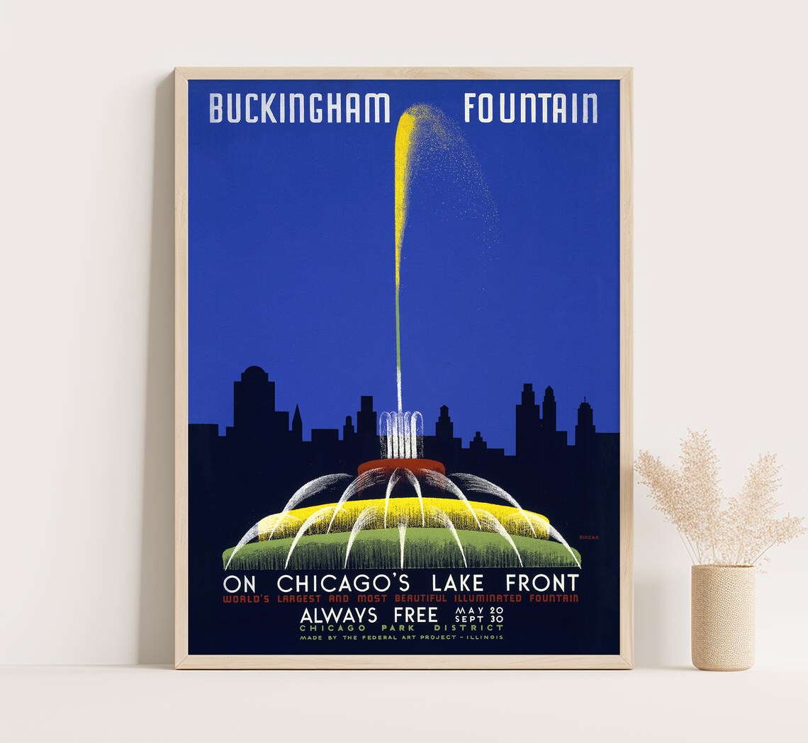 Chicago Buckingham Fountain WPA Vintage Lakefront Travel Poster Print