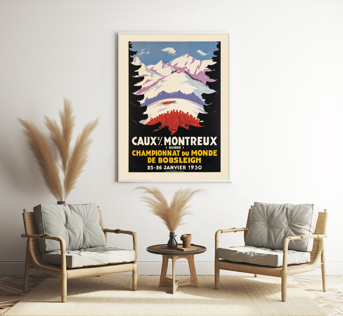 Caux Montreux Bobsleigh World Championship 1930 Vintage Winter Poster - Image 3