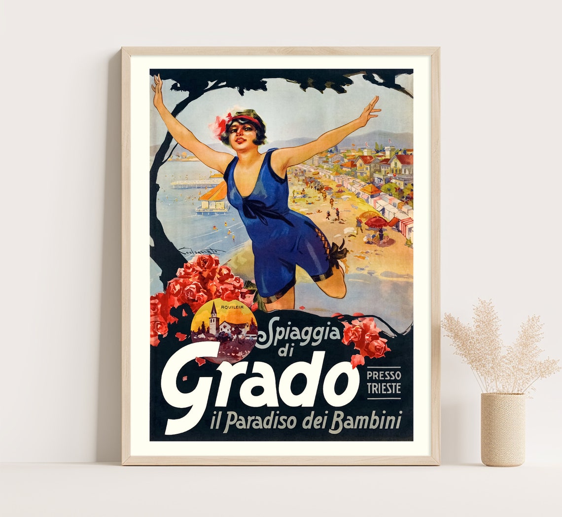 Grado Italy Spiaggia Di Grado Beach Jumping Swimmer Vintage Poster
