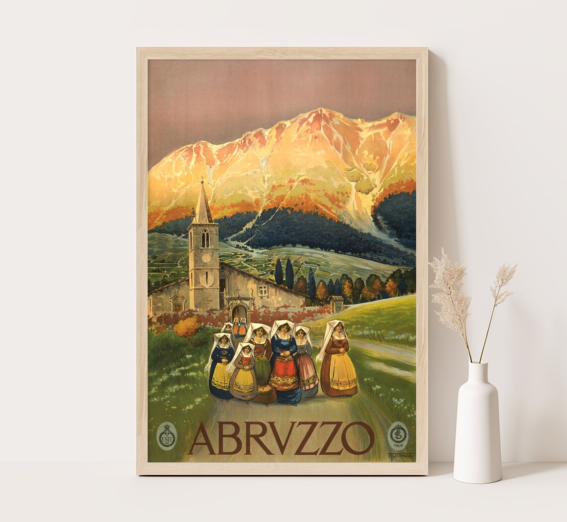 Abruzzo Italy Women Traditional Dress Golden Mountains Travel Poster