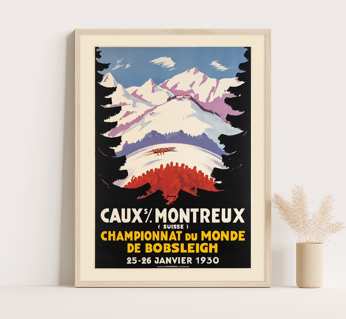 Caux Montreux Bobsleigh World Championship 1930 Vintage Winter Poster