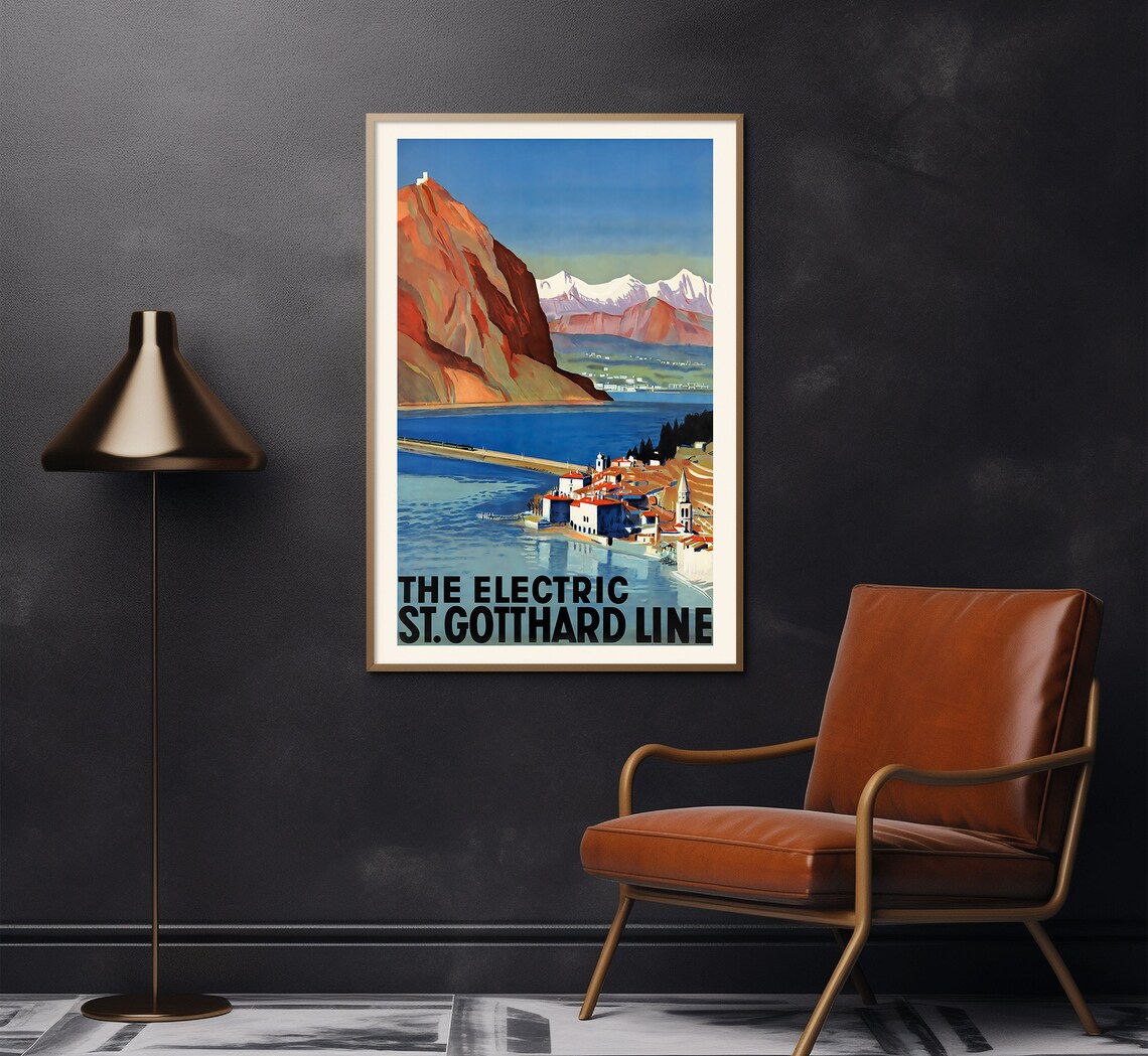 St Gotthard Line Lake Village Red Cliff Vintage Rail Travel Poster - Image 2