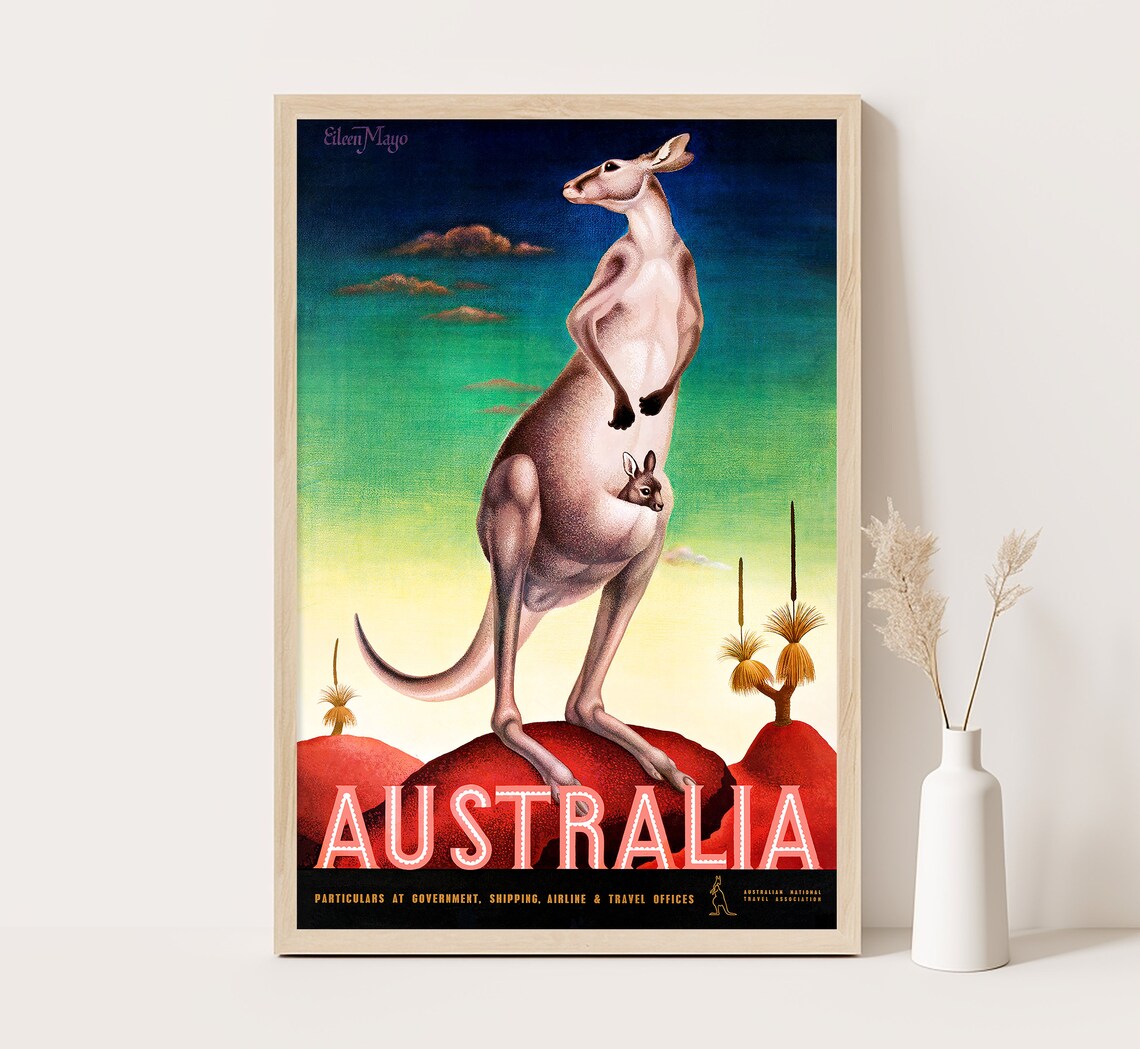Australia Kangaroos Vintage Travel Poster Art Print