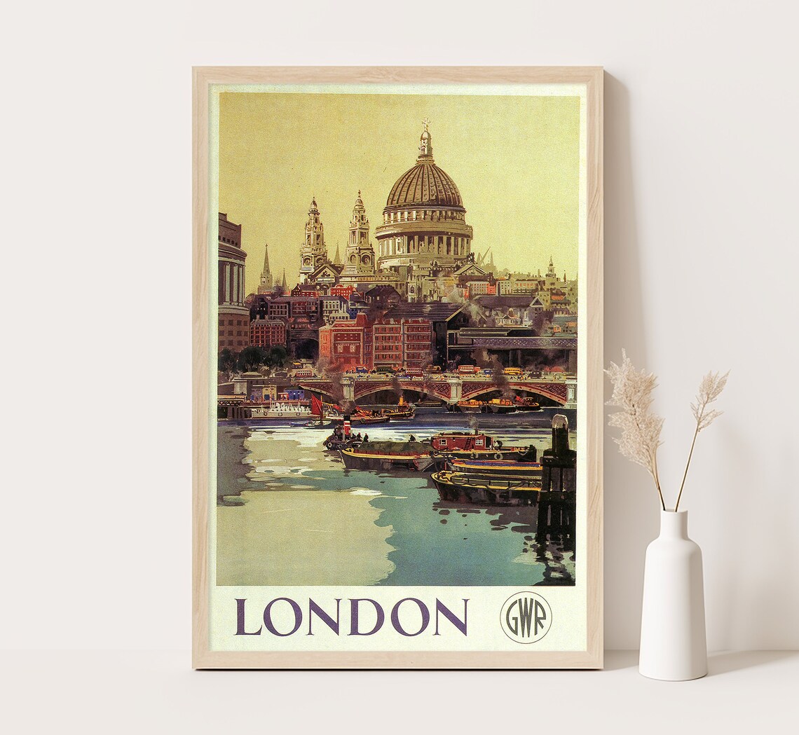 London St Pauls Cathedral Thames River Vintage Travel Poster