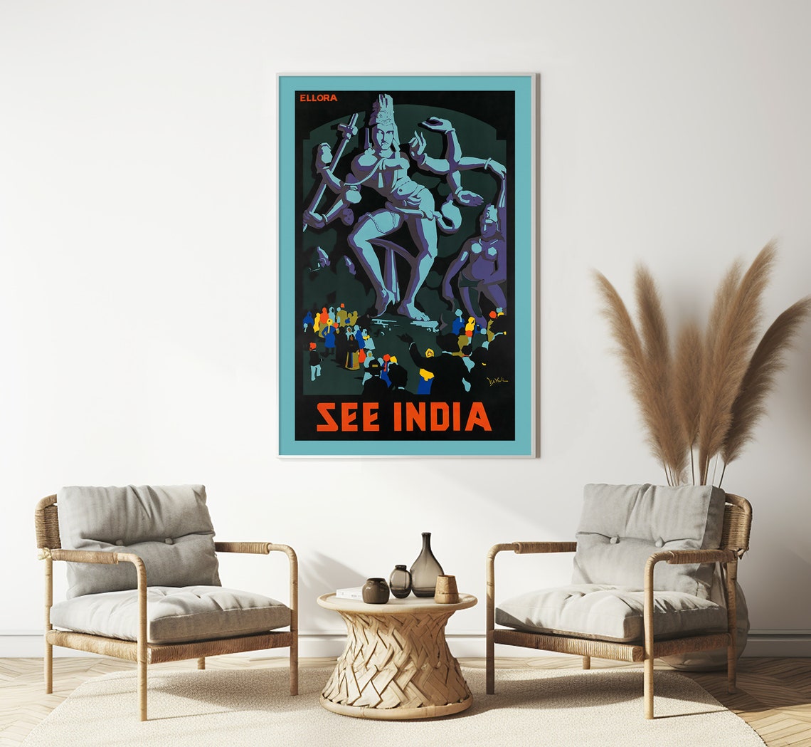 See India Ellora Caves Night Deity Statue Crowd Vintage Travel Poster - Image 3