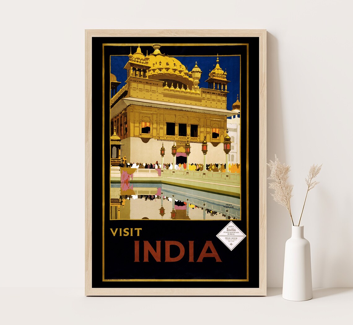 Golden Temple Amritsar India Night Reflection Vintage Travel Poster