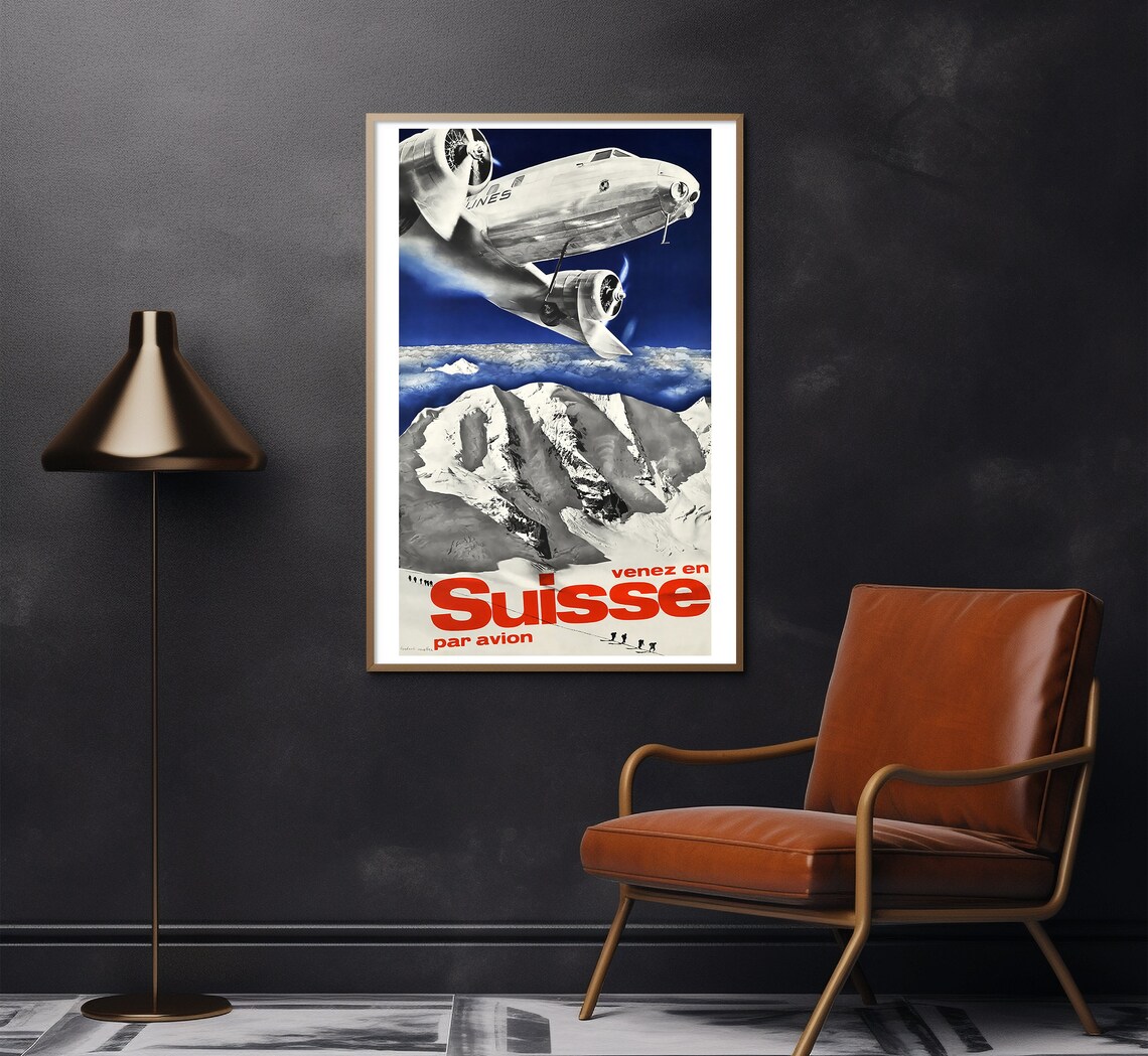 Venez En Suisse Par Avion Silver Airplane Snowy Alps Travel Poster - Image 2