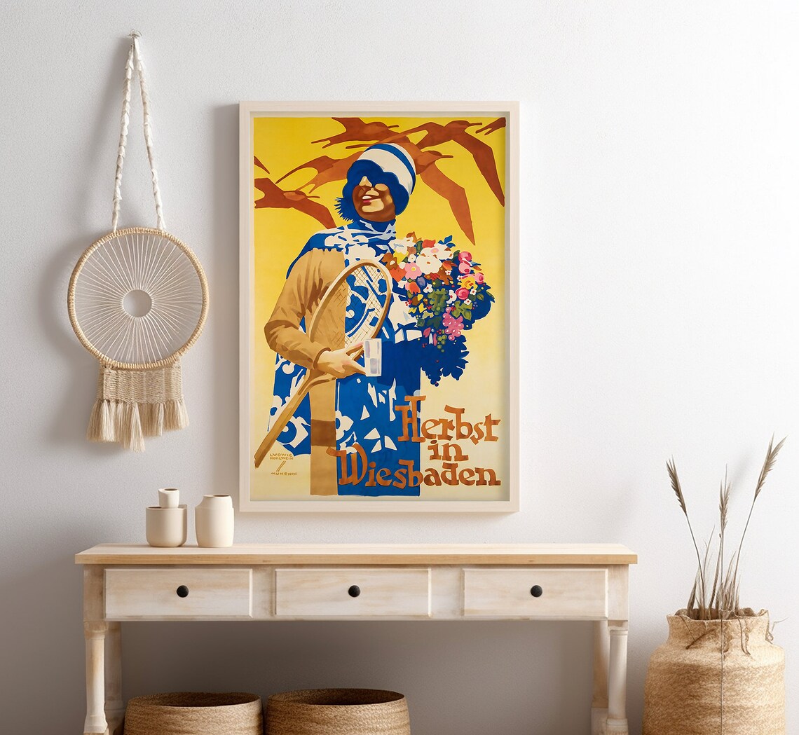 Wiesbaden Germany Autumn Woman Tennis Flowers Hohlwein Vintage Poster - Image 4