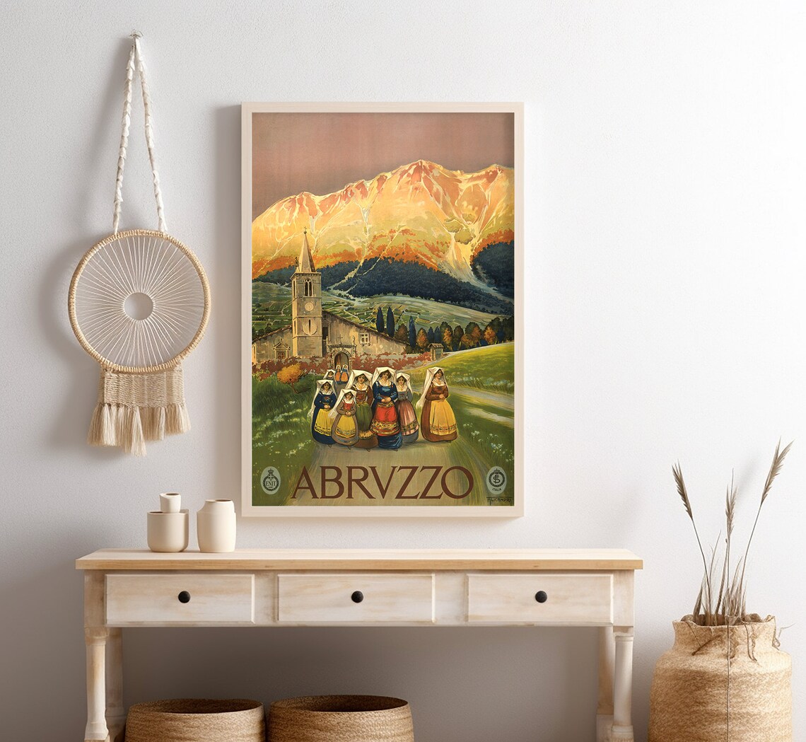 Abruzzo Italy Women Traditional Dress Golden Mountains Travel Poster - Image 4