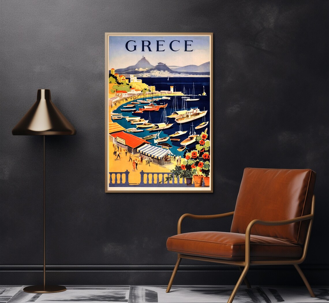 Greece Harbor Boats Coastal Town Vintage Greek Coast Travel Poster - Image 2