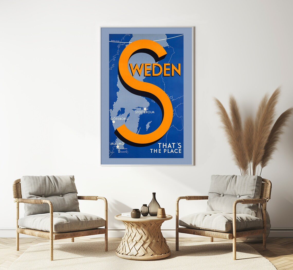 Sweden Giant Orange Letter S Scandinavia Map Vintage Travel Print - Image 3
