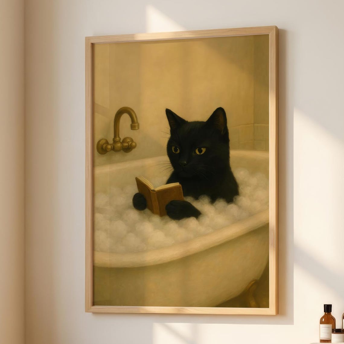 Black Cat Reading In Bath Art Print Cozy Bathroom Decor Moody Animal Book Lover Gift Relaxing Introvert Bookish Poster