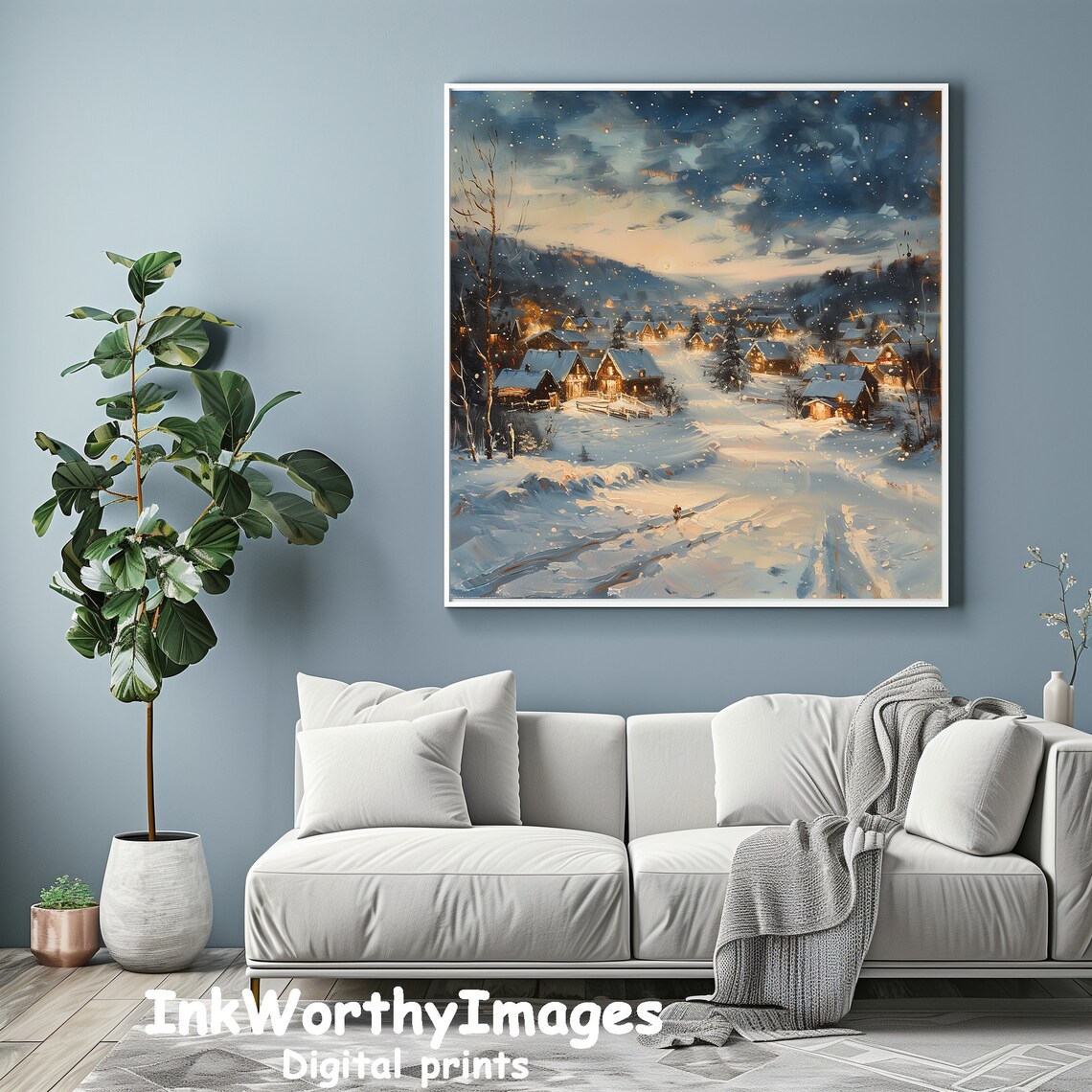 Winter Village Scene, Snowy Night Landscape - Image 4