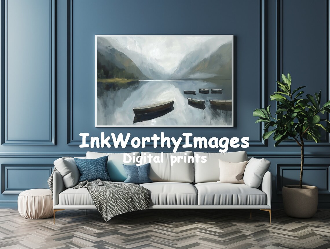 Peaceful Mountain Lake Painting, Serene Landscape - Image 4