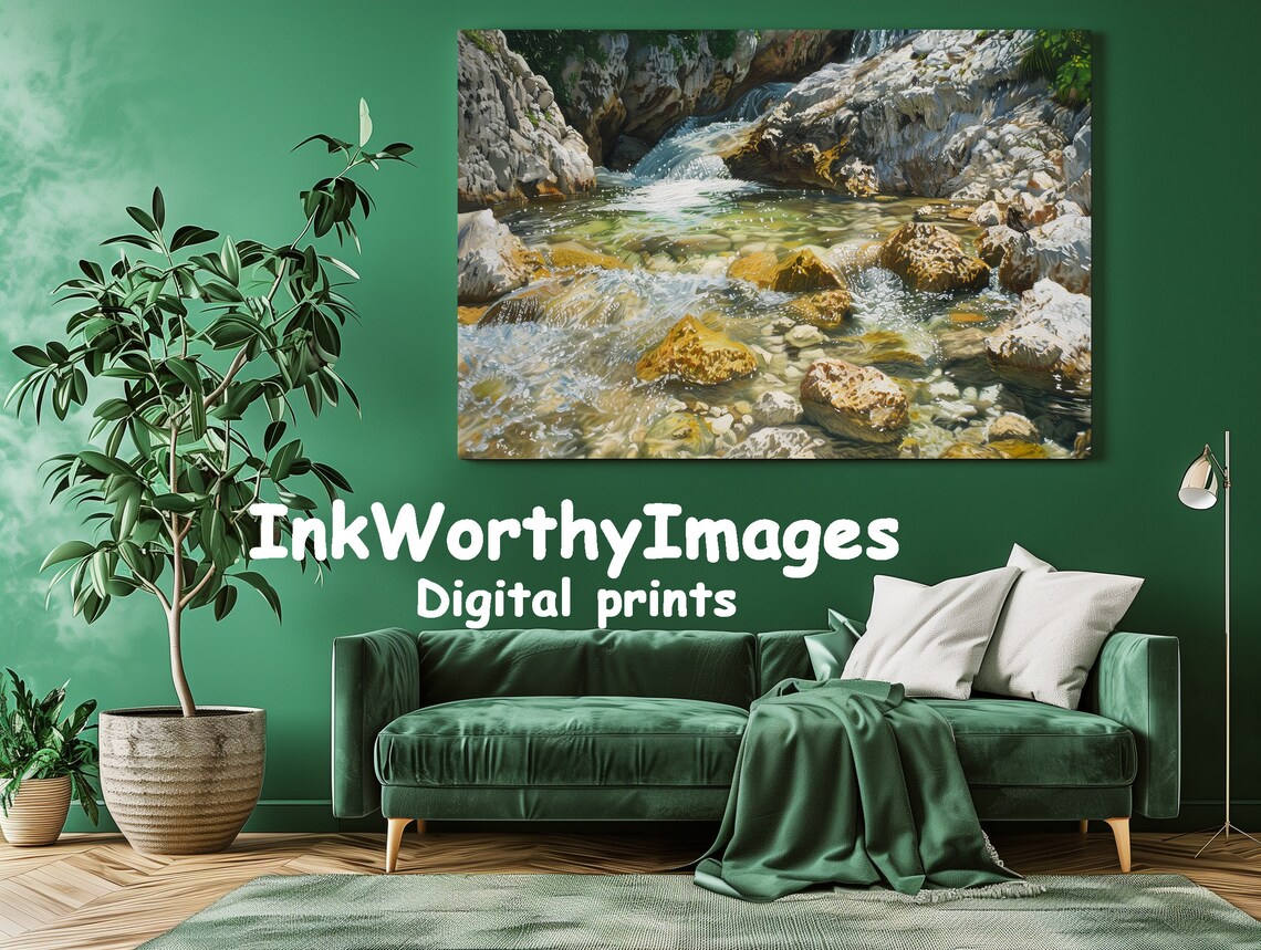 Crystal Clear River, Rocky Stream Landscape Art Print - Image 3