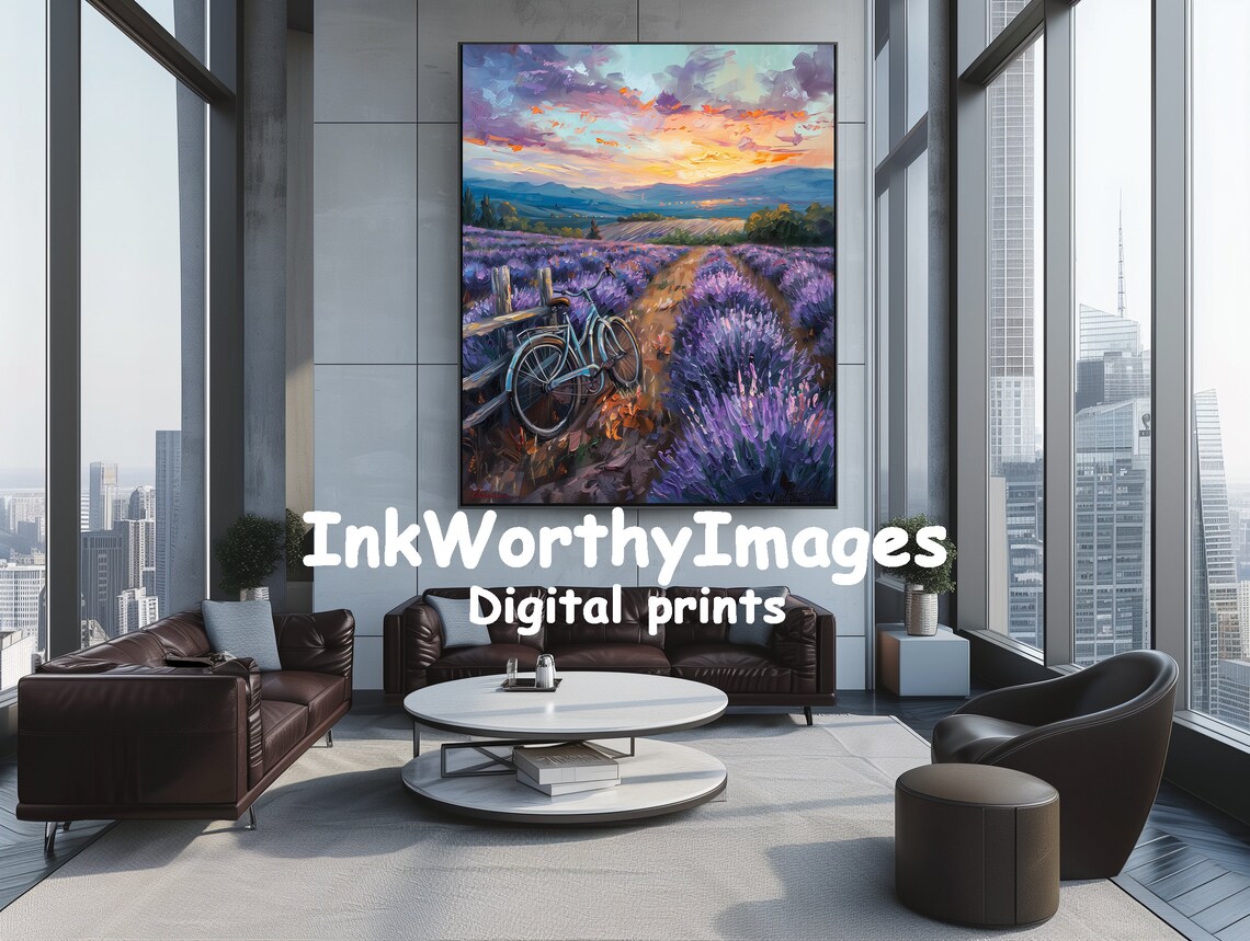 Lavender Field Sunset With Bicycle Painting - Image 2
