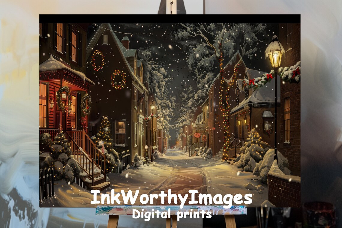 Winter Village Street, Snowy Night Christmas Decor