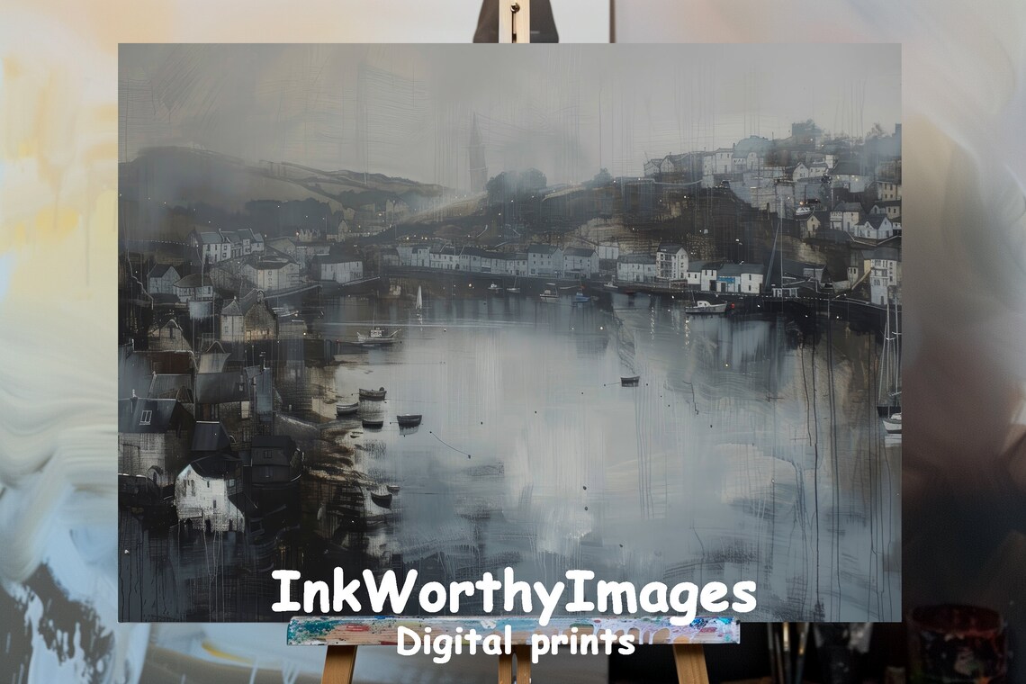 Moody Coastal Village, Foggy Harbor Seascape