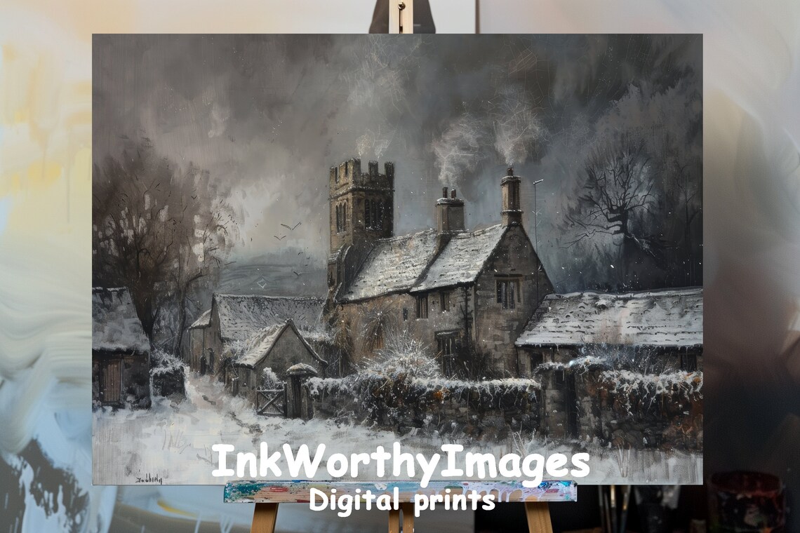 Snowy Village Church Painting, Gothic Winter Scene