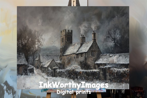 Snowy Village Church Painting, Gothic Winter Scene