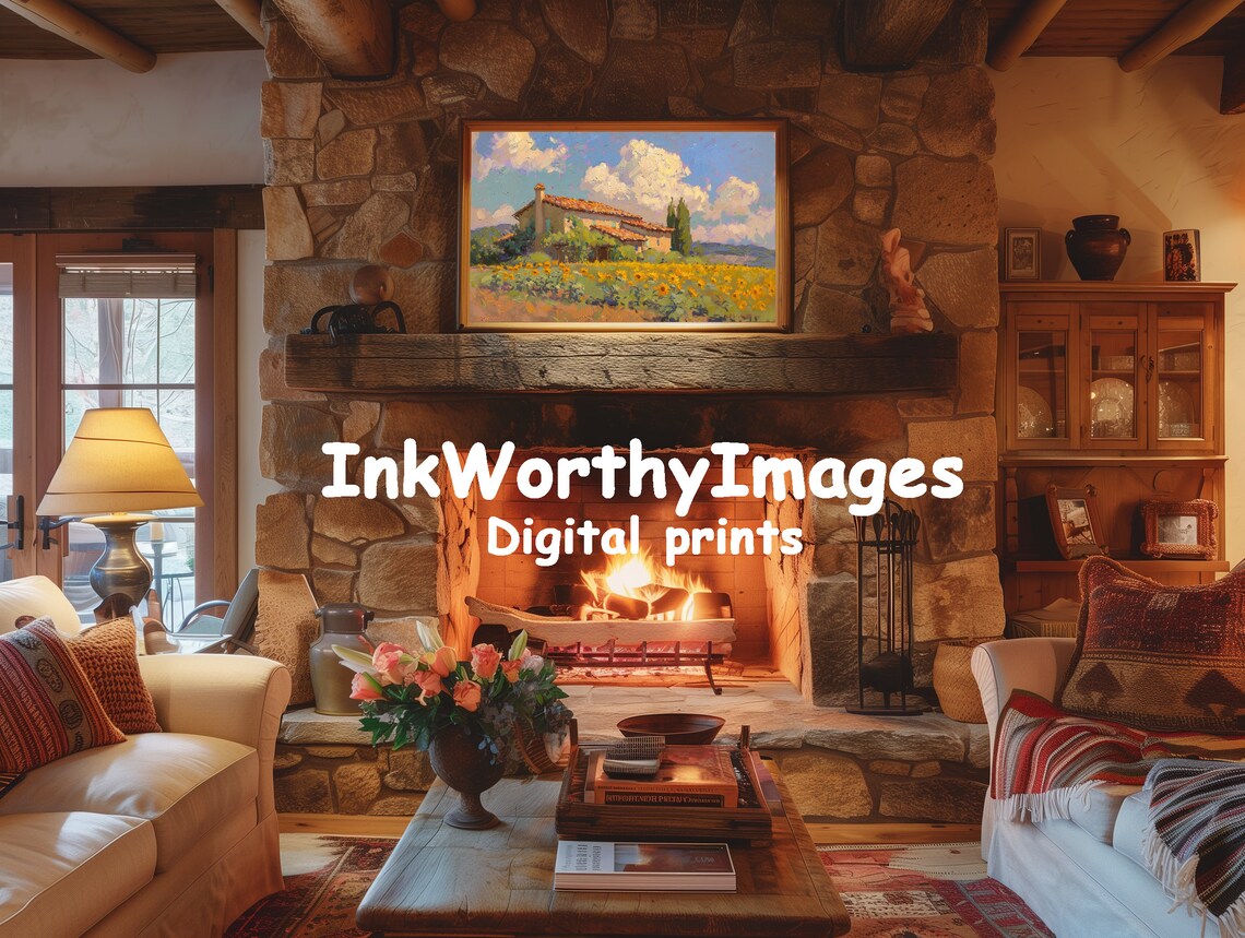 Sunflower Field Cottage, Rustic Landscape Painting - Image 3