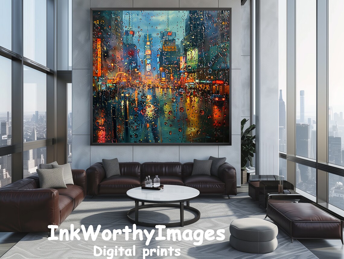 Rainy City Night Lights, Urban Streetscape Wall Art - Image 4